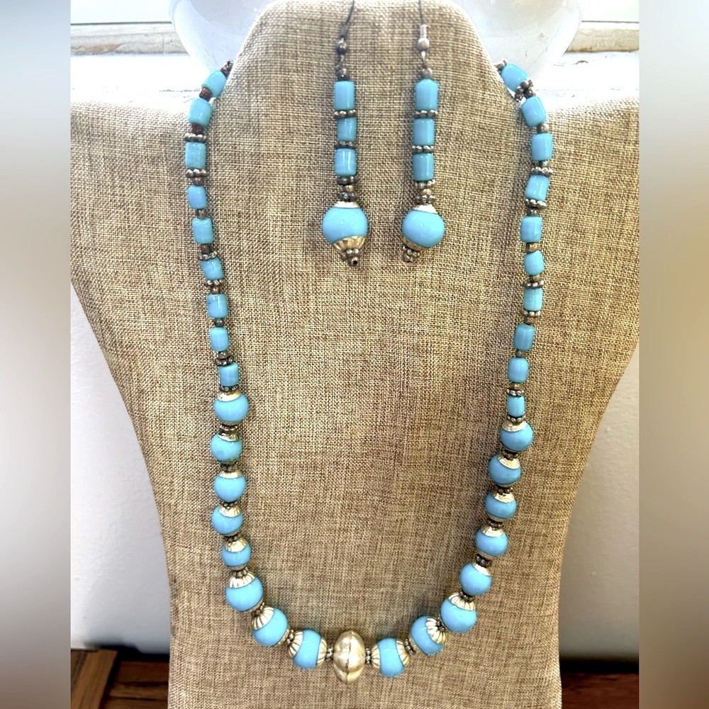 Indian Turquoise Glass beads and Silver handmade necklace set -  Ethnic Tribal